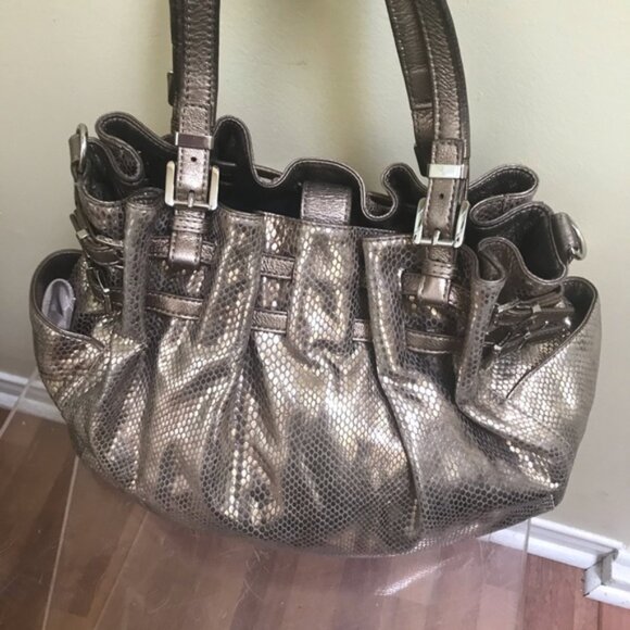 Michael Kors Leather Snake Print Gold Shoulder Hobo Bag Satchel Pockets Neutral - Picture 3 of 16